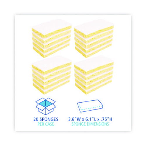 Boardwalk Light-Duty Scrubbing Sponge, Individually Wrapped, 3.6 x 6.1, 0.7" Thick, Yellow/White, 20/Carton (16320)
