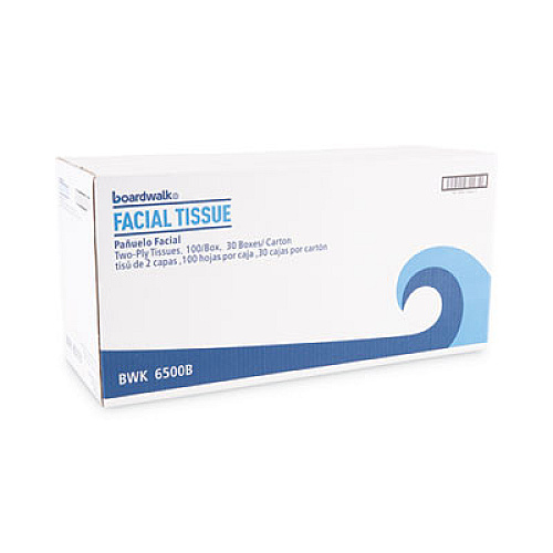 Boardwalk Office Packs Facial Tissue, Flat Box, 2-Ply, White, 100 Sheets/Box, 30 Boxes/Carton (6500B)