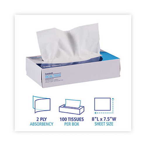 Boardwalk Office Packs Facial Tissue, Flat Box, 2-Ply, White, 100 Sheets/Box, 30 Boxes/Carton (6500B)