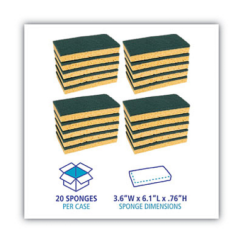 Boardwalk Medium-Duty Scrubbing Sponge, Individually Wrapped, 3.6 x 6.1, 0.75" Thick, Yellow/Green, 20/Carton (174)