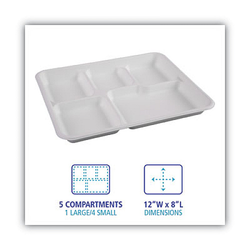 Boardwalk Bagasse Dinnerware, 5-Compartment Tray, 8 x 12, White, 500/Carton (BWKTRAYWF128)
