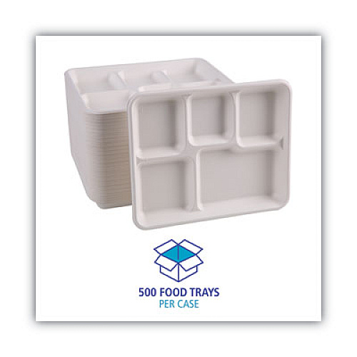 Boardwalk Bagasse Dinnerware, 5-Compartment Tray, 8 x 12, White, 500/Carton (BWKTRAYWF128)