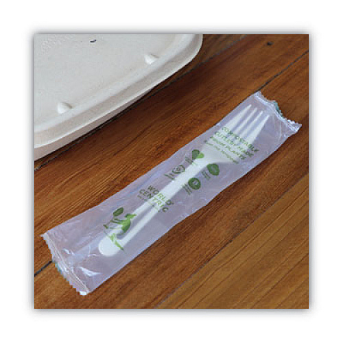 World Centric TPLA Wrapped Cutlery, Fork, Plastic, Light Beige 750/Carton (FOPSI)