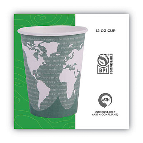 Eco-Products World Art Renewable and Compostable Hot Cups, 12 oz, Gray, 50/Pack, 10 Pack/Carton (EPBHC12WAPKC)