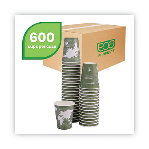 Eco-Products World Art Renewable and Compostable Insulated Hot Cups, 12 oz, Paper, Brown/White, 40/Pack, 15 Packs/Carton (EPBNHC12WD)