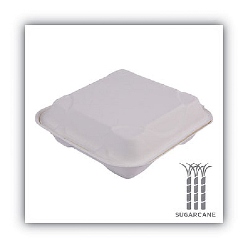 Eco-Products Renewable and Compostable Sugarcane Clamshells, 9 x 9 x 3, White, 50/Pack, 4 Packs/Carton (EPHC91)