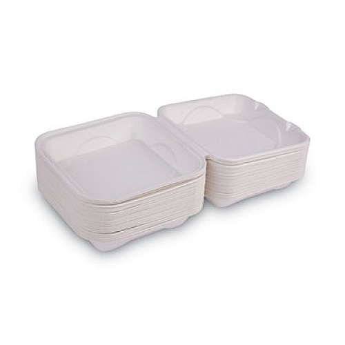 Eco-Products Renewable and Compostable Sugarcane Clamshells, 9 x 9 x 3, White, 50/Pack, 4 Packs/Carton (EPHC91)