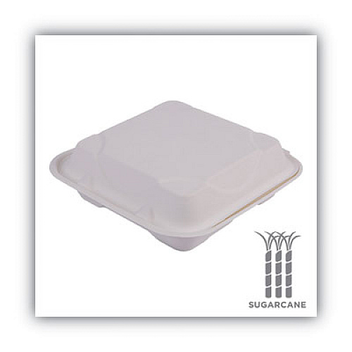 Eco-Products Renewable and Compost Sugarcane Clamshells, 3-Compartment, 9 x 9 x 3, White, 50/Pack, 4 Packs/Carton (EPHC93)