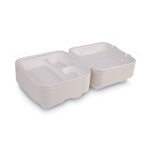 Eco-Products Renewable and Compost Sugarcane Clamshells, 3-Compartment, 9 x 9 x 3, White, 50/Pack, 4 Packs/Carton (EPHC93)