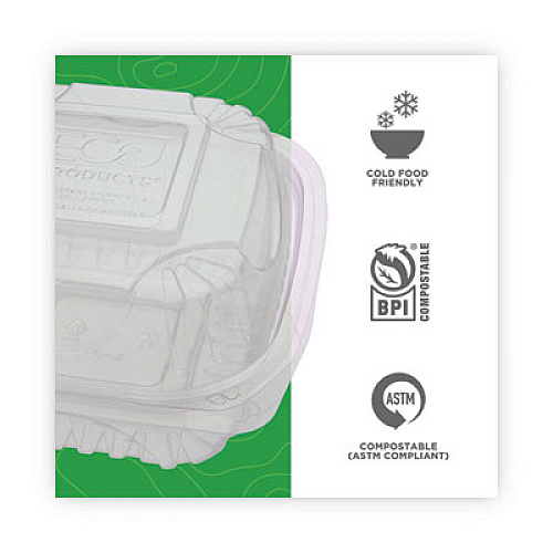 Eco-Products Renewable and Compostable Clear Clamshell Hinged Food Containers, 6 x 6 x 3, Plastic, 80/Pack, 3 Packs/Carton (EPLC6)