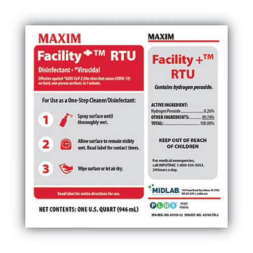Maxim Facility+ RTU Disinfectant, Safe-to-Ship, Unscented, 32 oz, 6/Carton (04640086)