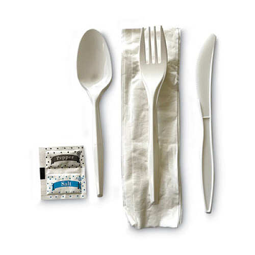 Boardwalk Cutlery Kit, Plastic Fork/Spoon/Knife/Salt/Polypropylene/Napkin, White, 250/Carton (BWK6KITMW)