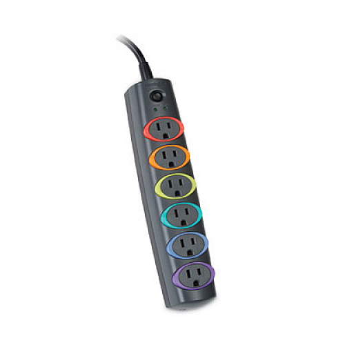 Kensington SmartSockets Color-Coded Strip Surge Protector, 6 AC Outlets, 6 ft Cord, 670 J, Gray (62146)