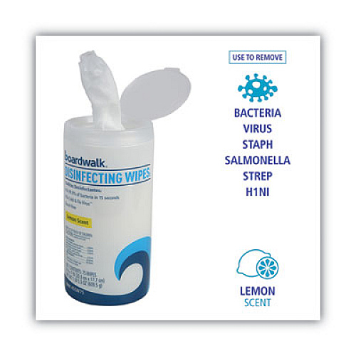 Boardwalk Disinfecting Wipes, 8 x 7, Lemon Scent, 75/Canister, 3 Canisters/Pack (BWK455W753PK)
