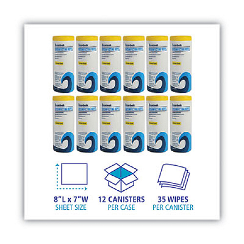 Boardwalk Disinfecting Wipes, 8 x 7, Lemon Scent, 35/Canister, 12 Canisters/Carton (BWK455W35)