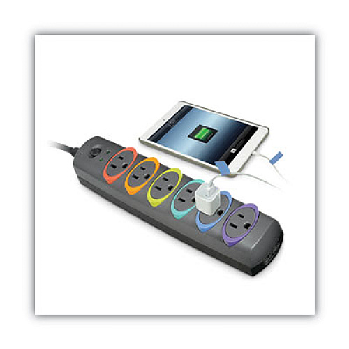 Kensington SmartSockets Color-Coded Strip Surge Protector, 6 AC Outlets, 6 ft Cord, 670 J, Gray (62146)
