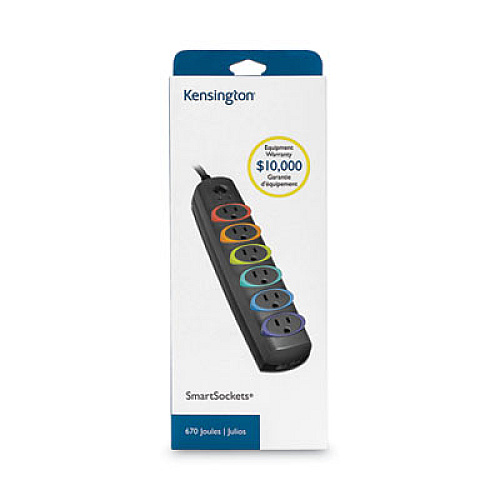 Kensington SmartSockets Color-Coded Strip Surge Protector, 6 AC Outlets, 6 ft Cord, 670 J, Gray (62146)