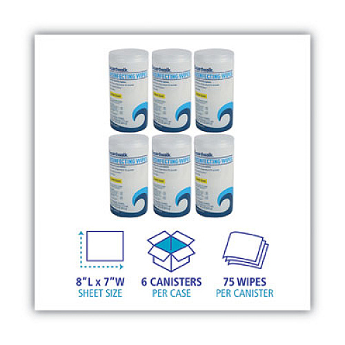 Boardwalk Disinfecting Wipes, 8 x 7, Lemon Scent, 75/Canister, 6 Canisters/Carton (BWK455W75)