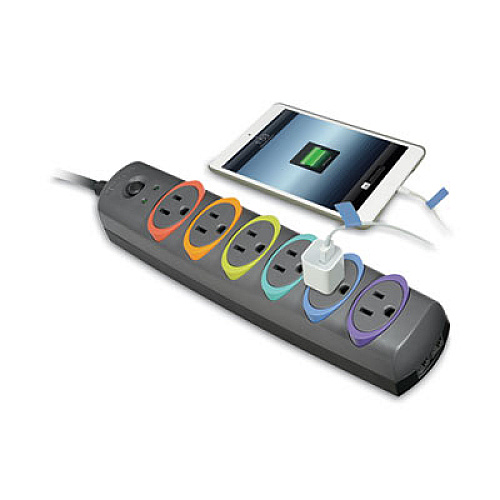 Kensington SmartSockets Color-Coded Strip Surge Protector, 6 Outlets, 7 ft Cord, 945 Joules (62147)