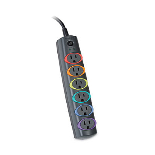 Kensington SmartSockets Color-Coded Strip Surge Protector, 6 Outlets, 7 ft Cord, 945 Joules (62147)