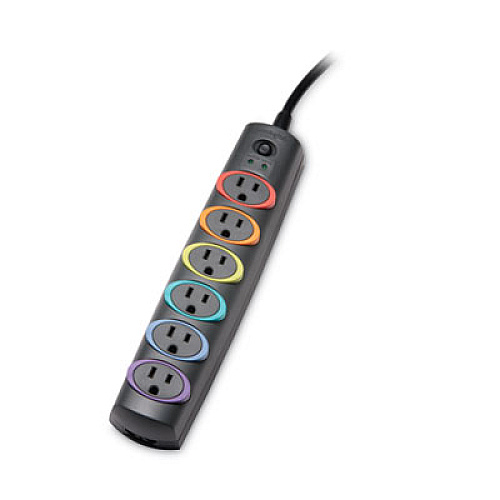 Kensington SmartSockets Color-Coded Strip Surge Protector, 6 AC Outlets, 6 ft Cord, 670 J, Gray (62146)