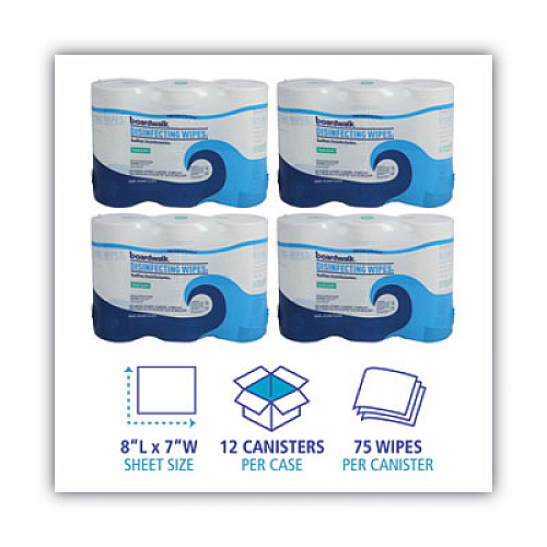 Boardwalk Disinfecting Wipes, 8 x 7, Fresh Scent, 75/Canister, 12 Canisters/Carton (BWK454W753CT)