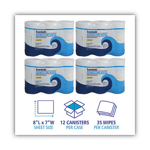 Boardwalk Disinfecting Wipes, 8 x 7, Lemon Scent, 75/Canister, 3 Canisters/Pack, 4/Pks/Ct (BWK455W753CT)