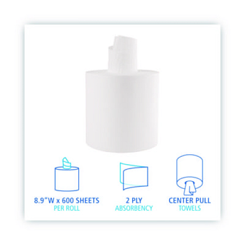 Boardwalk Center-Pull Roll Towels, 2-Ply, 7.6 x 8.9, White, 600/Roll, 6/Carton (410321)