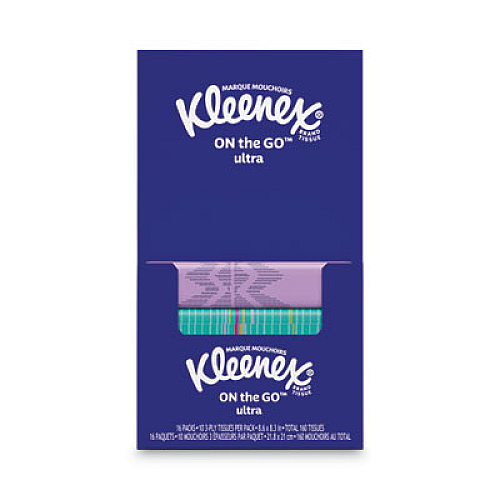Kleenex On The Go Packs Facial Tissues, 3-Ply, White, 10 Sheets/Pack, 16 Packs/Box, 12 Boxes/Carton (11975)
