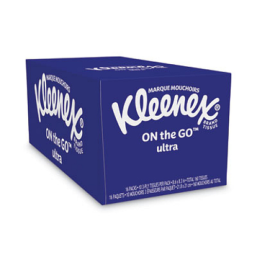 Kleenex On The Go Packs Facial Tissues, 3-Ply, White, 10 Sheets/Pack, 16 Packs/Box, 12 Boxes/Carton (11975)
