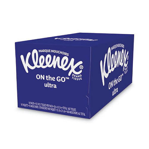 Kleenex On The Go Packs Facial Tissues, 3-Ply, White, 10 Sheets/Pack, 16 Packs/Box, 12 Boxes/Carton (11975)