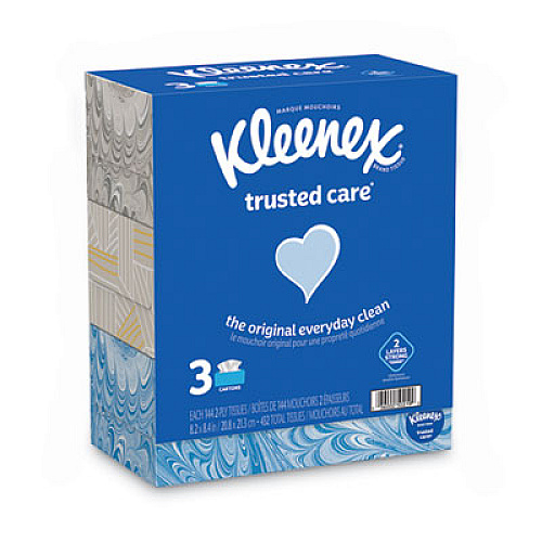 Kleenex TRUSTED CARE FACIAL TISSUE, 2-PLY, WHITE, 144 SHEETS/BOX, 3 BOXES/PACK, 12 PACKS/CARTON (50219CT)