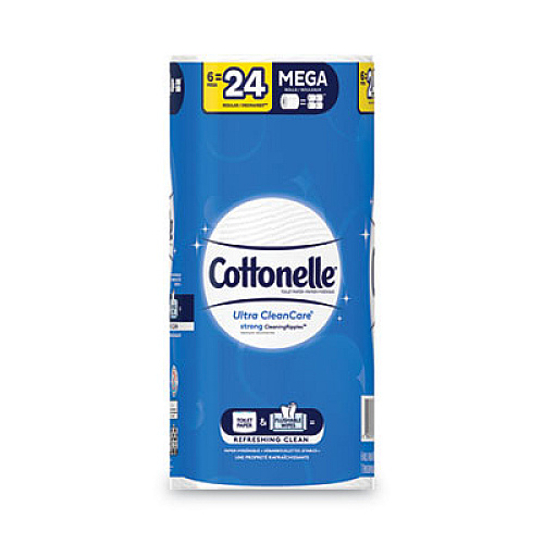 Cottonelle Ultra CleanCare Toilet Paper, Strong Tissue, Mega Rolls, Septic Safe, 1-Ply, White, 340 Sheets/Roll, 6 Rolls/Pack, 6 Packs/CT (47747)