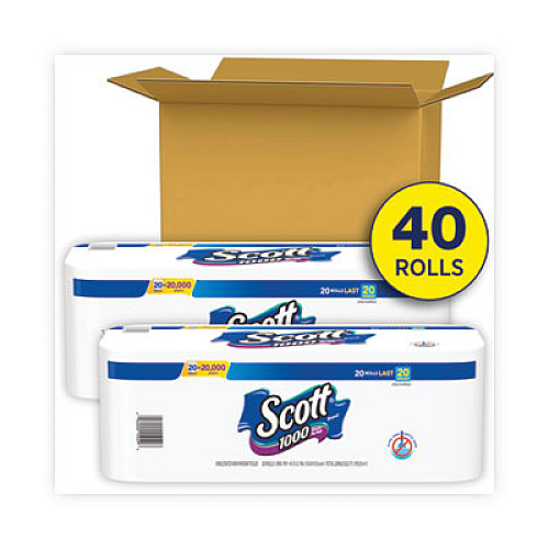 Scott 1000 Bathroom Tissue, Septic Safe, 1-Ply, White, 1,000 Sheets/Roll, 20 Rolls/Pack, 2 Packs/Carton (20032CT)