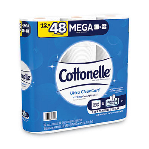 Cottonelle Ultra CleanCare Toilet Paper, Strong Tissue, Mega Rolls, Septic Safe, 1 Ply, White, 340 Sheets/Roll, 12 Rolls (47804)