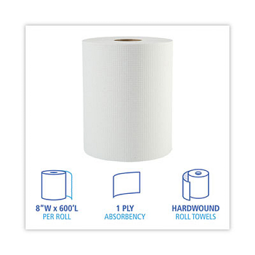 Boardwalk Hardwound Paper Towels, 1-Ply, 8" x 600 ft, White, 2" Core, 12 Rolls/Carton (6261B)