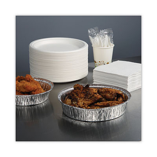 Boardwalk Round Aluminum To-Go Containers, 300 Gauge, 48 oz, 9" Diameter x 1.66" h, Silver, 500/Carton (ROUND9)