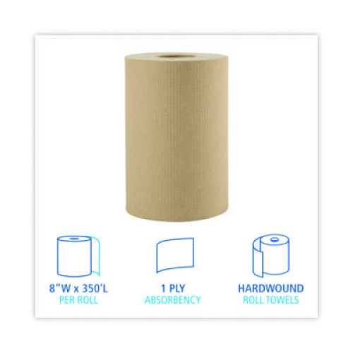Boardwalk Hardwound Paper Towels, 1-Ply, 8" x 350 ft, Natural, 12 Rolls/Carton (6252)