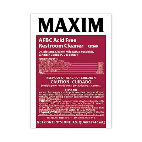 Maxim AFBC Acid-Free Restroom Cleaner, Safe-to-Ship, Fresh Scent, 32 oz Bottle, 6/Carton (03600086)
