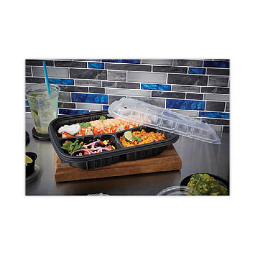 Pactiv Evergreen EarthChoice Entree2Go Takeout Container, 3 Compartments, 48 oz, 11.8 x 8.8 x 2.1, Black, Plastic, 200/Carton (YCNB12X95203)