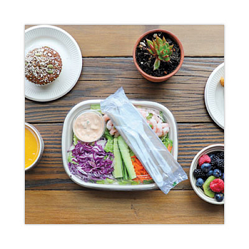 World Centric TPLA Wrapped Cutlery, Fork/Knife/Napkin/Spoon, Plastic, Light Beige, 250/Carton (ASPSTN)