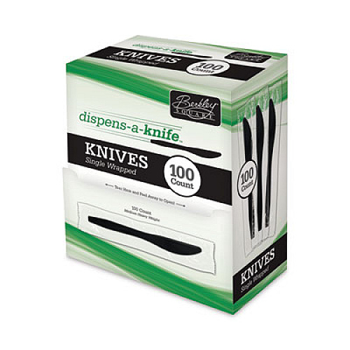 Berkley Square Dispens-a-Knife, Individually Wrapped, Mediumweight Knife, Plastic, Black, 100/Box (BEP90200)