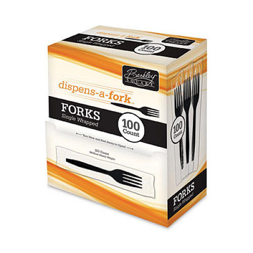 Berkley Square Dispens-a-Fork, Individually Wrapped, Mediumweight Fork, Plastic, Black, 100/Box (BEP90202)