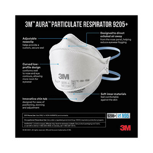 3M Aura Particulate Respirator 9205+, N95, One Size Fits All, 20/Pack (9205PH20DC)