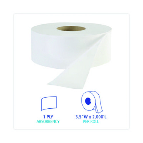 Boardwalk JRT Jr. Bath Tissue, Jumbo, Septic Safe, 1-Ply, 3.3" x 2,000 ft, White, 12 Rolls/Carton (6101)