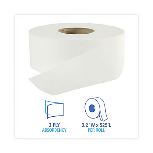 Boardwalk Jumbo Roll Bathroom Tissue, Septic Safe, 2-Ply, 3.2" x 525 ft, White, 12 Rolls/Carton (410320)