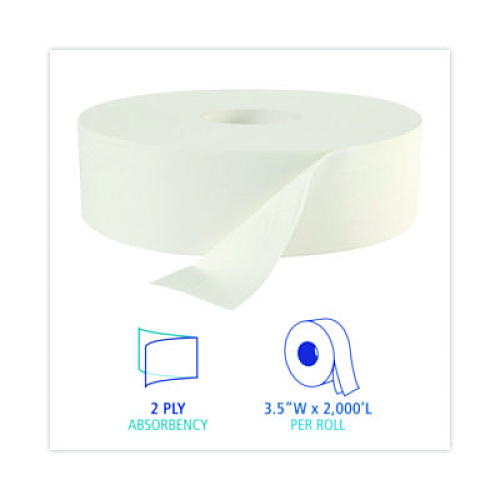 Boardwalk JRT Jumbo Roll Bathroom Tissue, Septic Safe, 2-Ply, 3.5" x 2,000 ft, White, 6 Rolls/Carton (6102B)