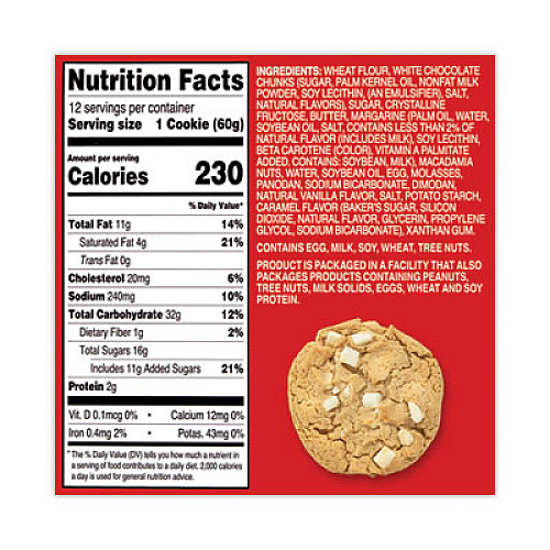 Mrs. Fields White Chunk Macadamia Cookies, 2.1 oz, Individually Wrapped Pack, White Chocolate, 12/Carton (20900470)