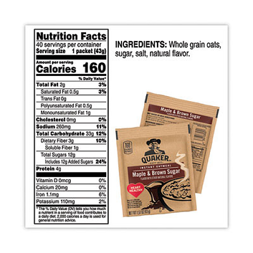 Quaker Instant Oatmeal, Maple and Brown Sugar, 1.51 oz Packet, 40/Carton (22000754)