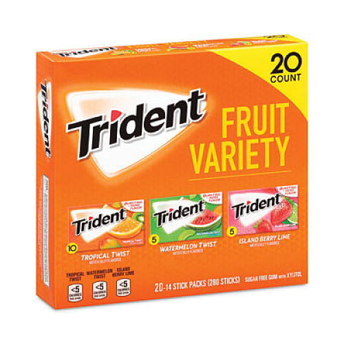 Trident Sugar-Free Gum, Fruit Variety, 14 Pieces/Pack, 20 Packs/Carton (22000891)